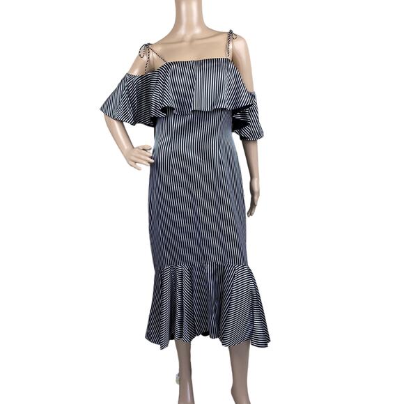 Amur Francesca Women Black White Satin Stripes Cold Shoulder Ruffle Dress Sz 6 - Picture 3 of 8